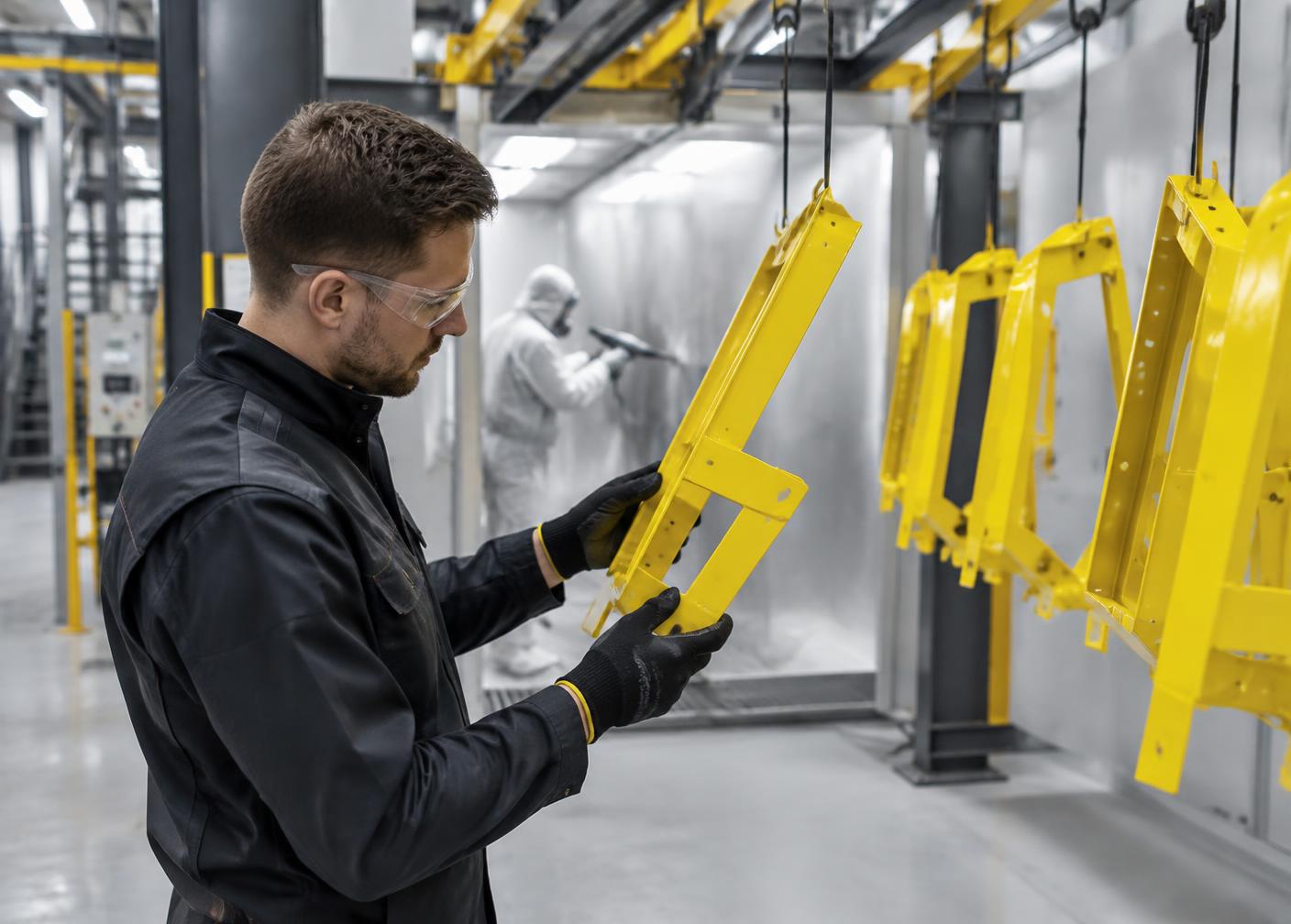 Powder coated components being inspected